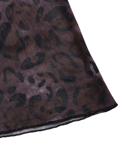 Modern Party Elegant Retro Style Off-shoulder Long Sleeve Mesh Leopard Print Dress