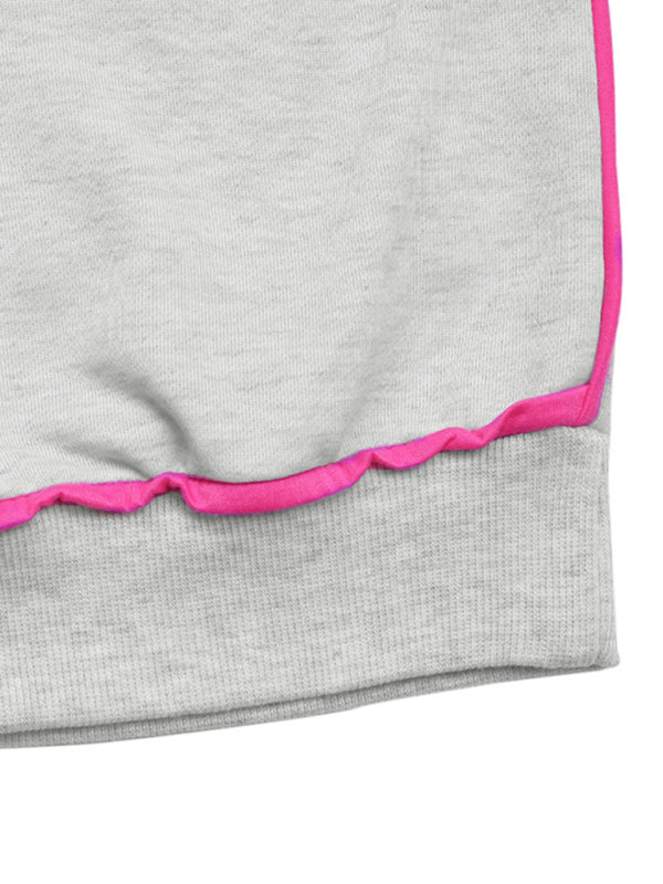 Round Neck Contrast Color Loose Sweatshirt - Knit Polyester