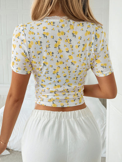 Floral Lace T-Shirt - Y2K Style Short Sleeve Top