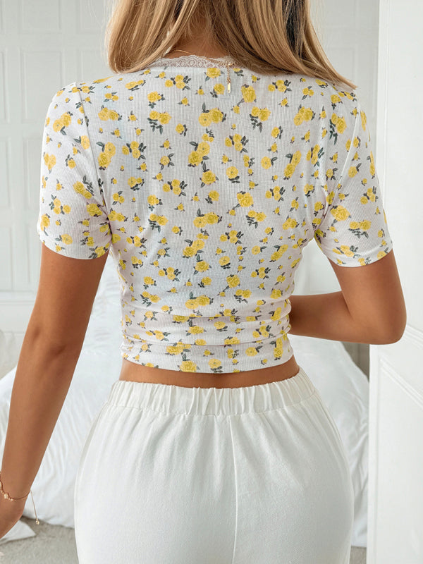 Floral Lace T-Shirt - Y2K Style Short Sleeve Top