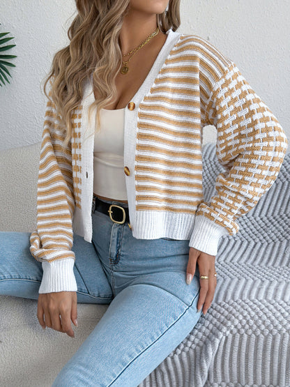 Striped Lantern Sleeve Cardigan Sweater - Long Sleeve Knit