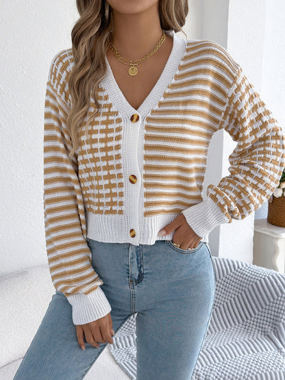 Striped Lantern Sleeve Cardigan Sweater - Long Sleeve Knit