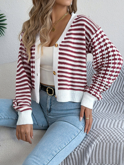 Striped Lantern Sleeve Cardigan Sweater - Long Sleeve Knit