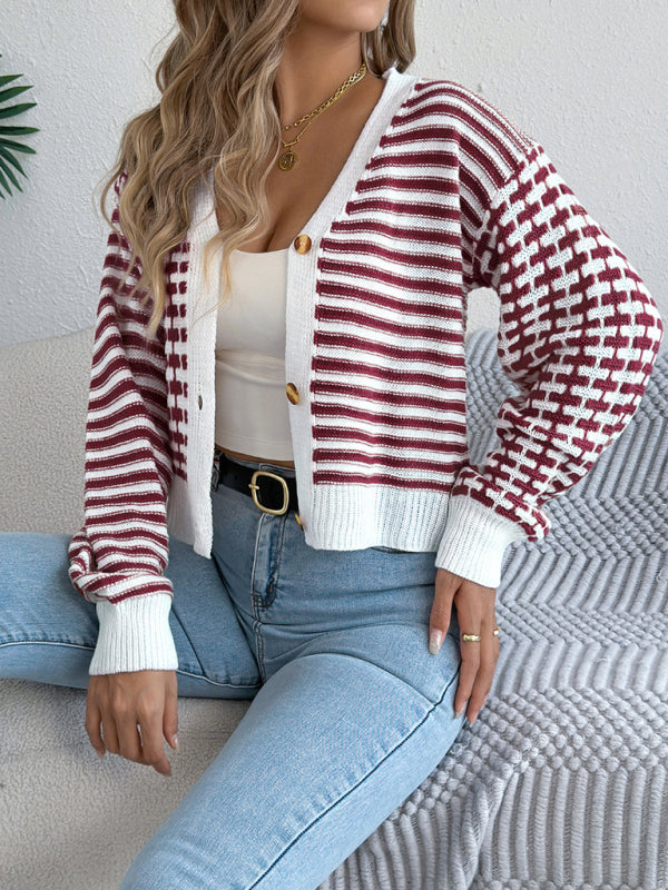 Striped Lantern Sleeve Cardigan Sweater - Long Sleeve Knit