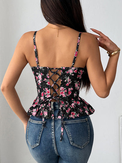 Women's Floral Ruffled Backless Top - Lace-Up Crop Top