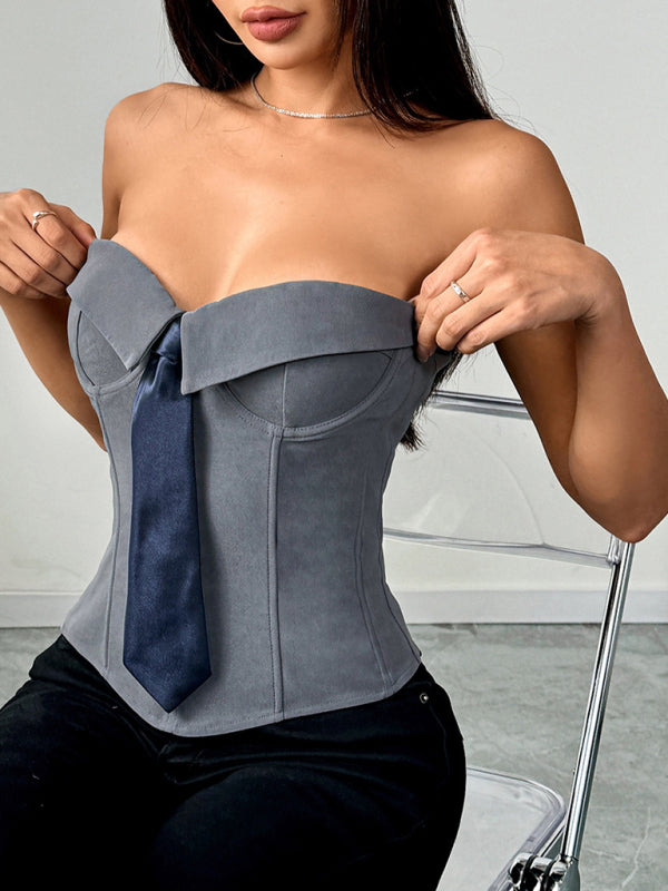 Wrap Tie Vest - Solid Color Knit Top Grey