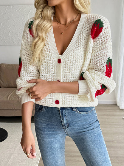 Strawberry Jacquard Knitted Cardigan - Casual Sweater Cream