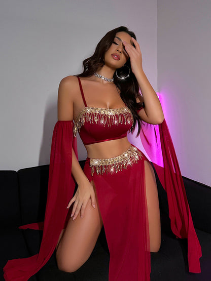 Sexy tassel pole dance fun suit belly dance sequin lace hot set Wine Red