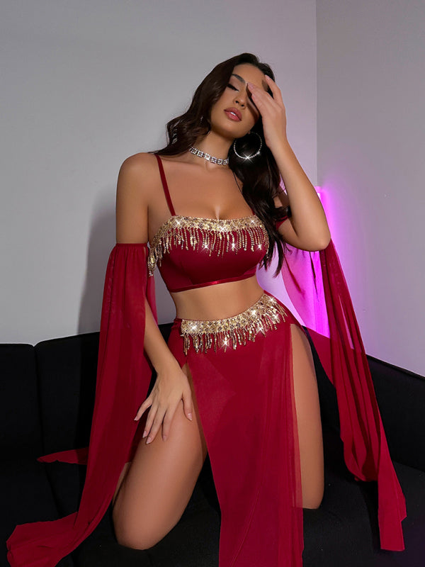 Sexy tassel pole dance fun suit belly dance sequin lace hot set Wine Red