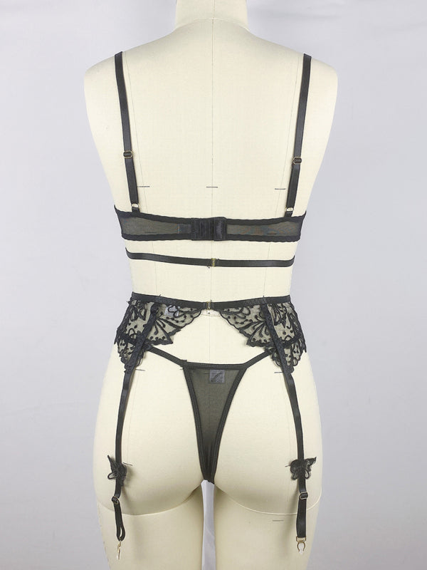 3D Butterfly Black Embroidery Sexy See-through Bra Panties Garter Sexy Lingerie Three-piece Set