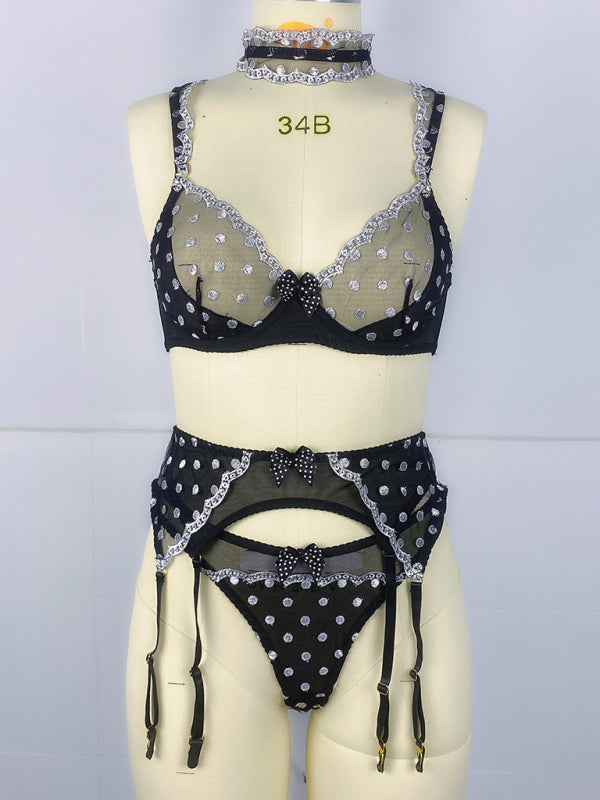Women's Polka Dot Embroidery See-Through Bra Sexy Underwear Four-Piece Set