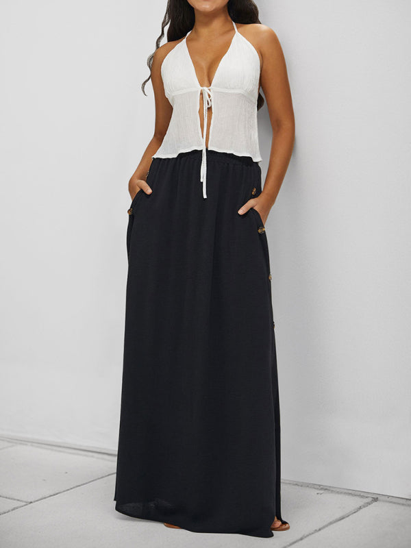 Women's Casual Button Skirt Commuter Midi Length Solid Black