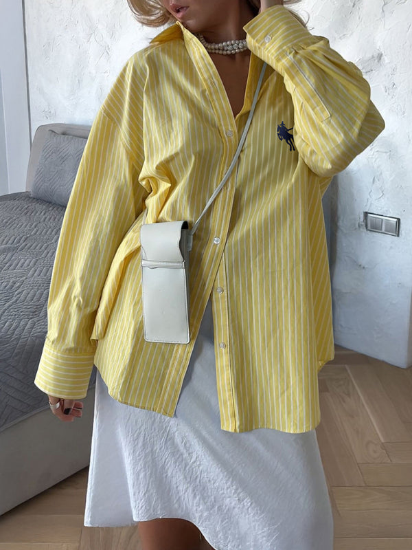 Holiday Button Stripe Long Sleeve Shirt Yellow
