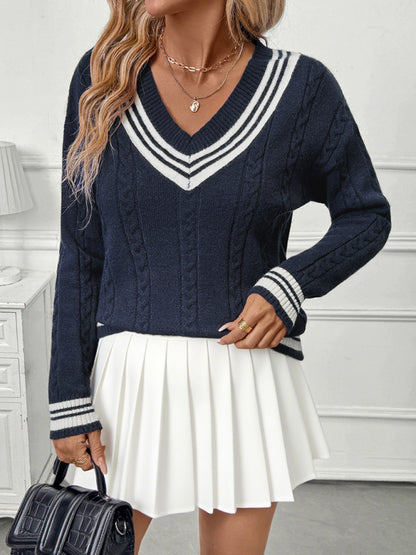 New V-neck cable knit sweater college style contrast color pullover sweater Champlain color