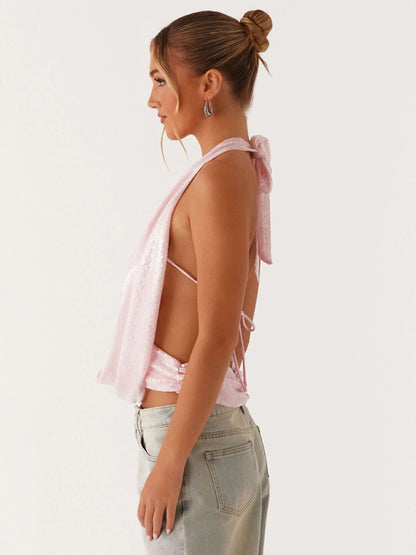 Women's Sequined Halter Neck Backless Lace-Up Top Sexy Camisole