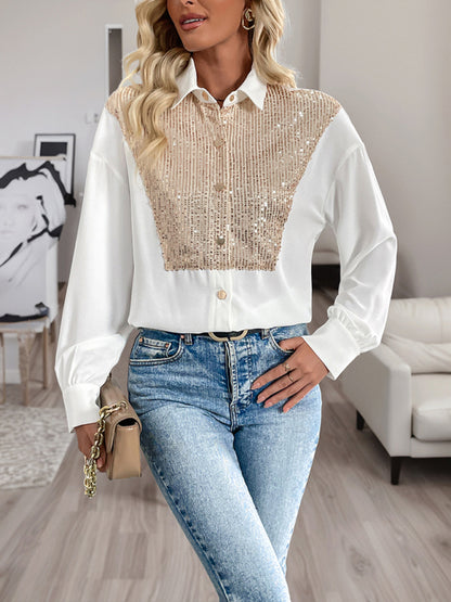 Sequined long-sleeved women's fashionable shirt White