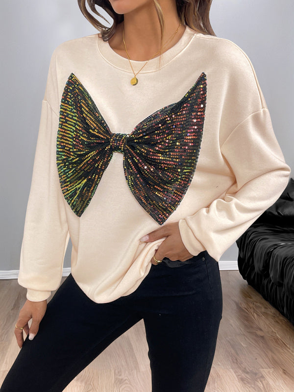 Sequined Bow Crew Neck Pullover Sweatshirt Cracker khaki