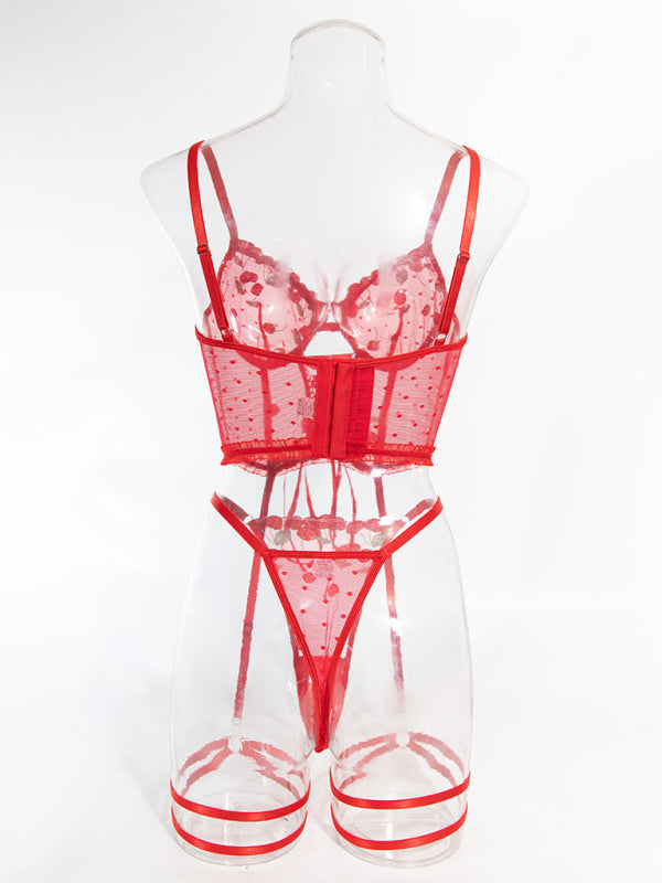 Red flower embroidered sexy lingerie gathered comfortable tie rope two-piece set
