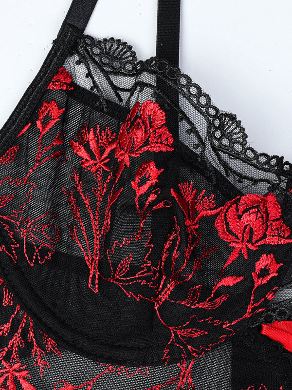 Flower embroidered cross-strap sexy lingerie three-piece set