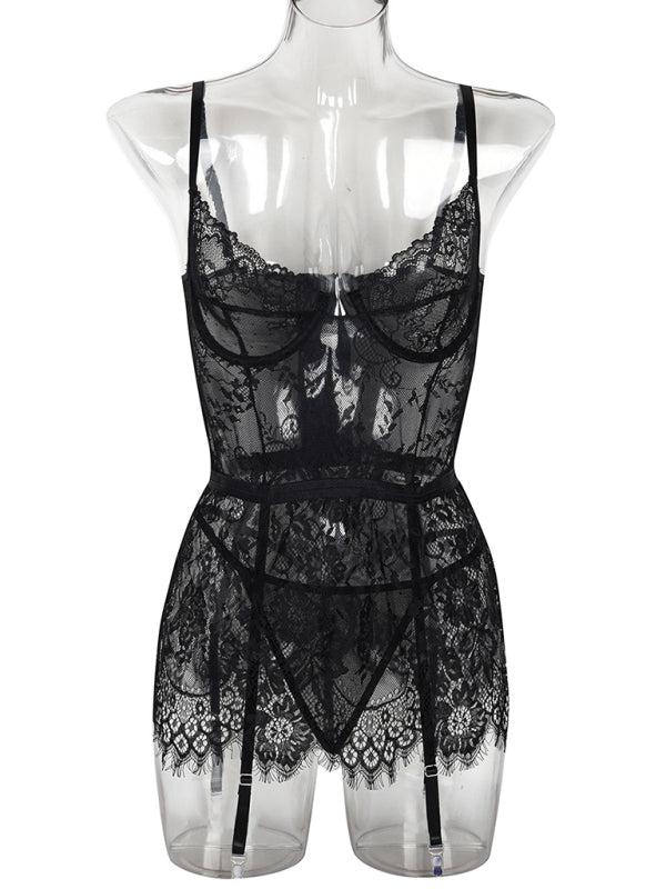 Thin lace see-through nightgown with irregular hem sexy erotic set