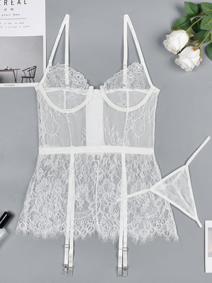 Thin lace see-through nightgown with irregular hem sexy erotic set