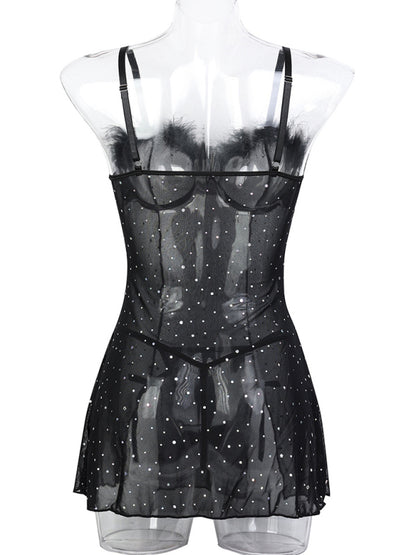 Sexy hot diamond feather splicing see-through elastic mesh slit dress two-piece set