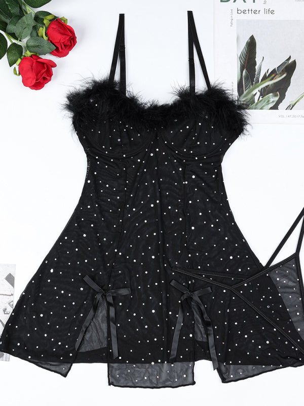 Sexy hot diamond feather splicing see-through elastic mesh slit dress two-piece set