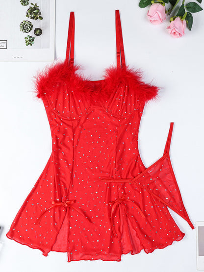 Sexy hot diamond feather splicing see-through elastic mesh slit dress two-piece set