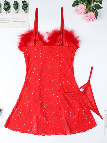Sexy hot diamond feather splicing see-through elastic mesh slit dress two-piece set