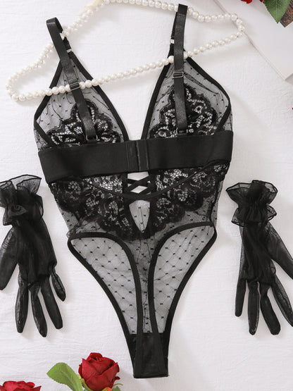 Lingerie sexy polka dot mesh lace splicing low-cut no-wire sexy jumpsuit set