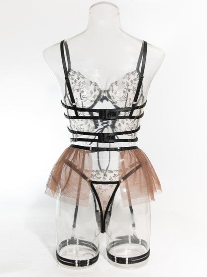 New Sexy Lace Mesh Embroidery Buttoned See-Through Suspender Bra Set