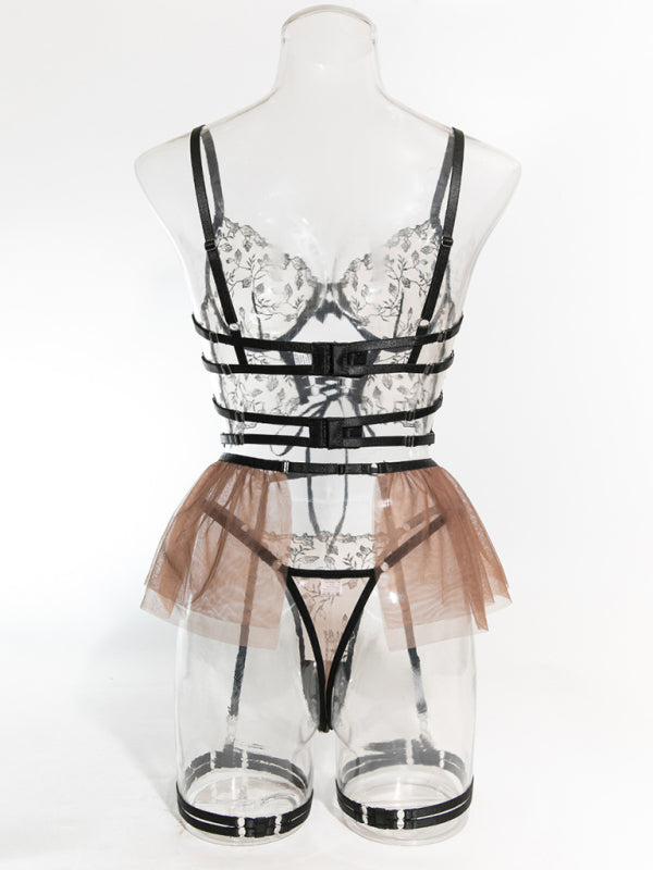 New Sexy Lace Mesh Embroidery Buttoned See-Through Suspender Bra Set