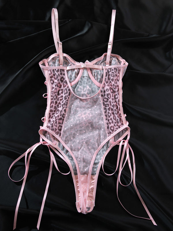 Leopard print polka dot perspective sexy backless suspender bodysuit