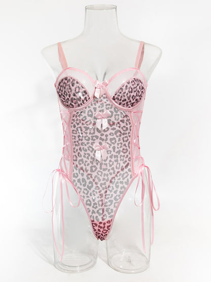 Leopard print polka dot perspective sexy backless suspender bodysuit