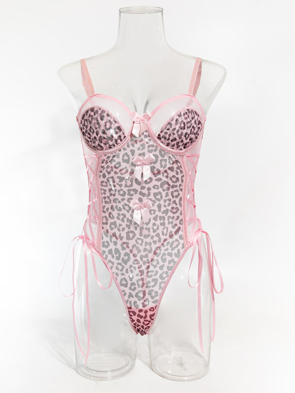 Leopard print polka dot perspective sexy backless suspender bodysuit