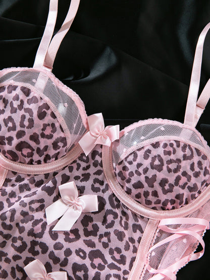 Leopard print polka dot perspective sexy backless suspender bodysuit