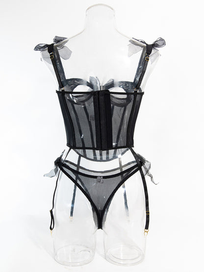 Sexy and comfortable see-through bow tie fishbone bra hot girl two-piece set