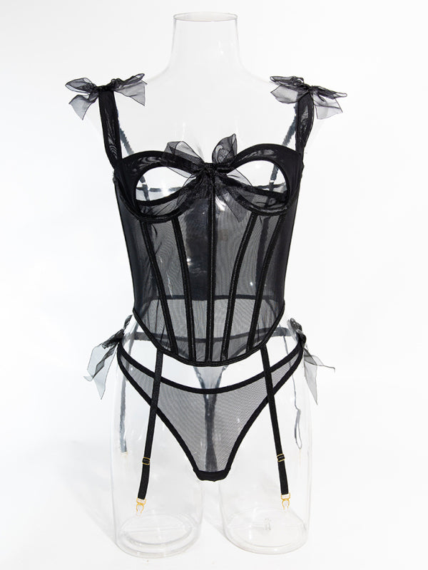 Sexy and comfortable see-through bow tie fishbone bra hot girl two-piece set