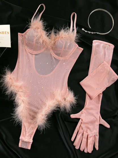 Christmas Halloween Sexy See-Through Simple Feather Splicing Bodysuit