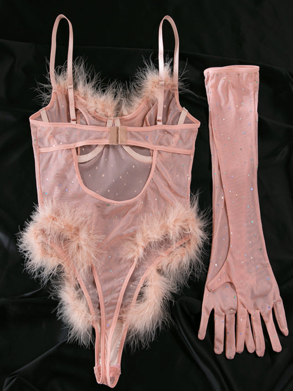 Christmas Halloween Sexy See-Through Simple Feather Splicing Bodysuit