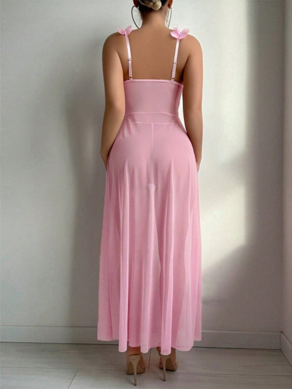 Sexy and sexy lingerie set with slits, see-through slip dress, long skirt, 2-piece set