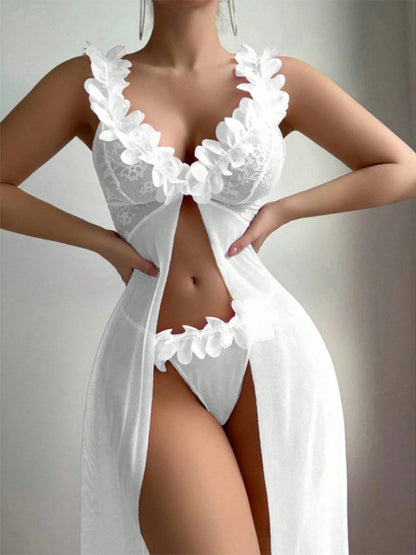 Sexy and sexy lingerie set with slits, see-through slip dress, long skirt, 2-piece set White