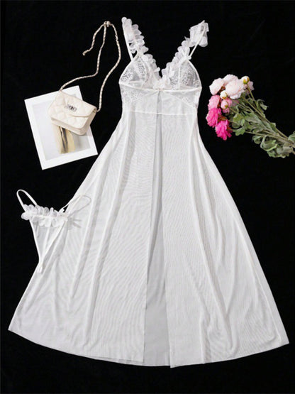 Sexy and sexy lingerie set with slits, see-through slip dress, long skirt, 2-piece set