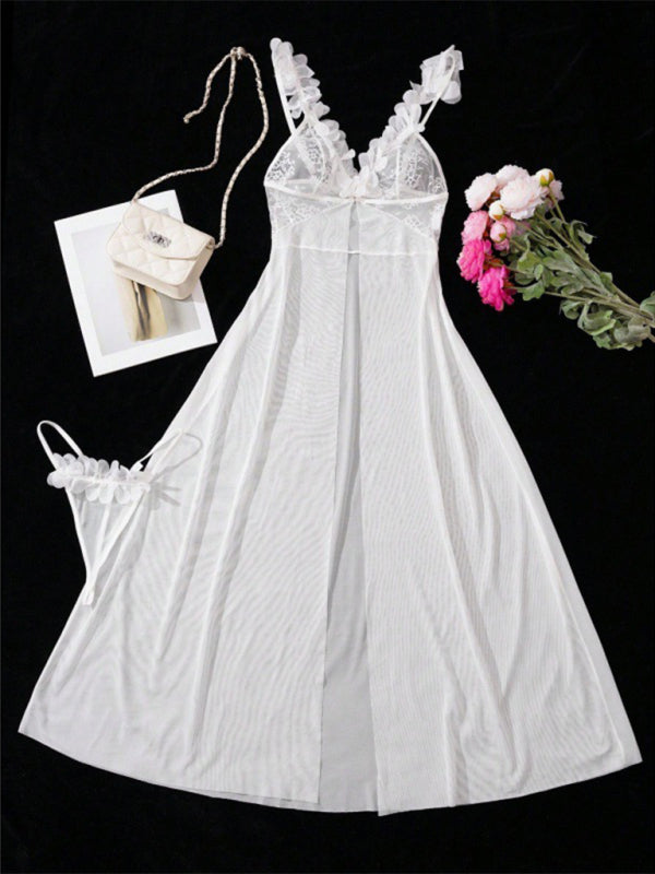 Sexy and sexy lingerie set with slits, see-through slip dress, long skirt, 2-piece set