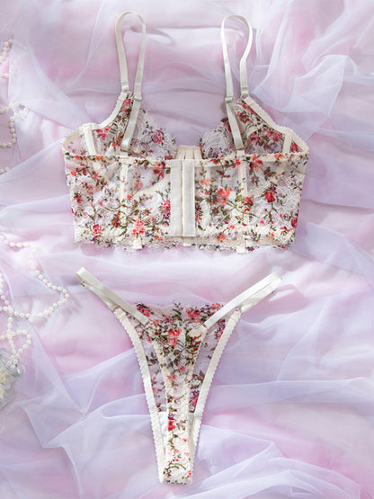 Country style hot-selling sexy lingerie set with lace print camisole, boning, comfortable and breathable, push-up design