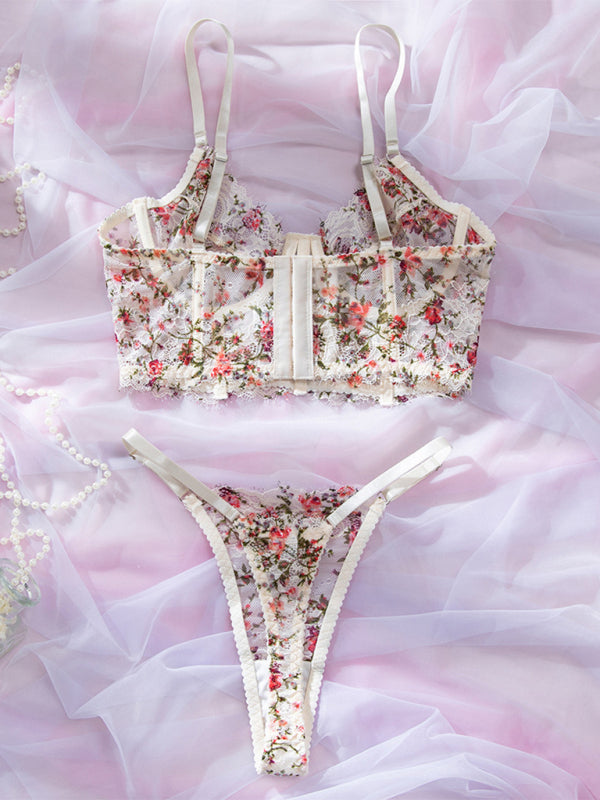 Country style hot-selling sexy lingerie set with lace print camisole, boning, comfortable and breathable, push-up design