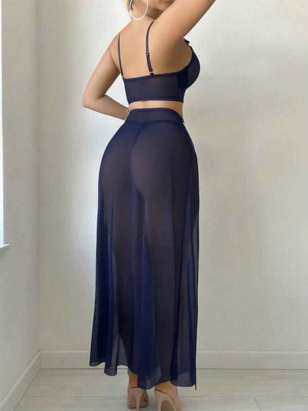 Sexy lingerie set with see-through mesh skirt and pearl chain