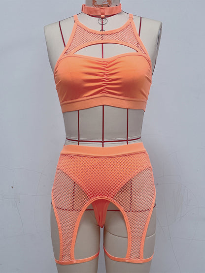 Sexy Lingerie Set with Black Mesh Panels Orange