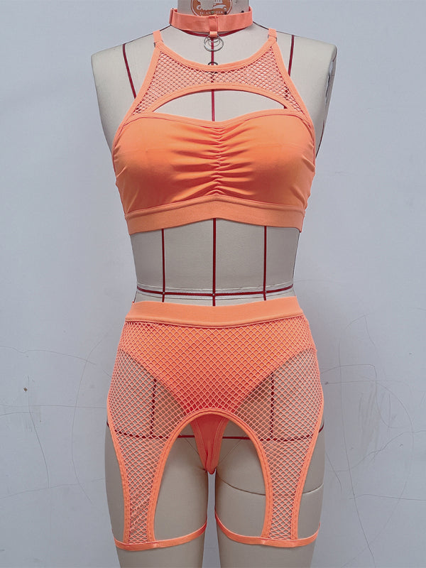 Sexy Lingerie Set with Black Mesh Panels Orange