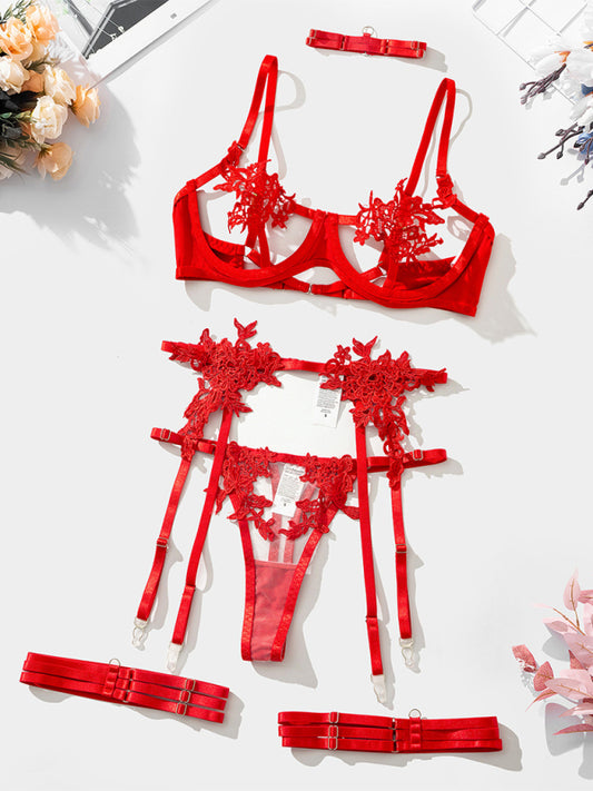 New Embroidered See-Through Sexy Lingerie Bra Set Red